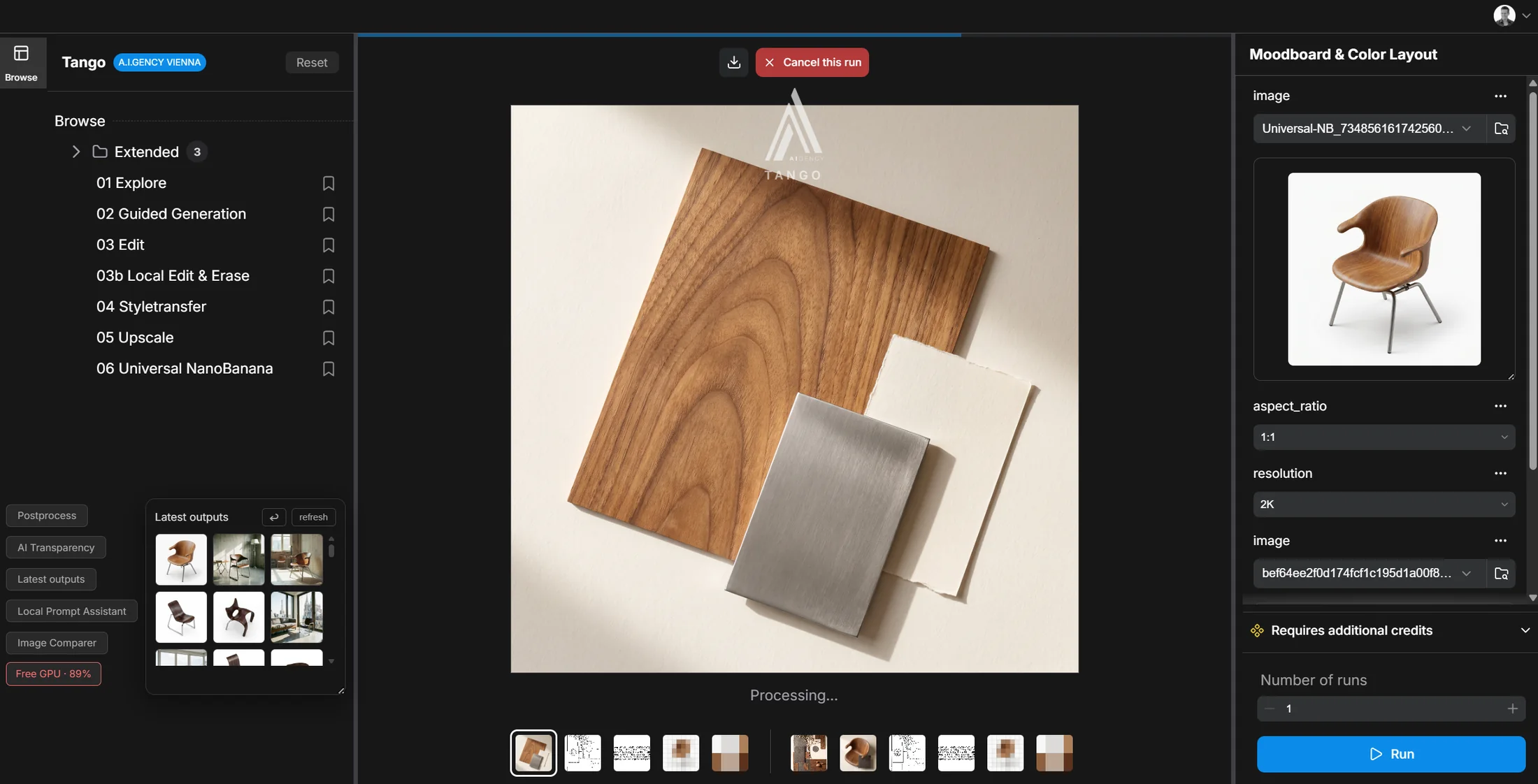 Moodboard and colour layout: walnut, brushed steel and paper