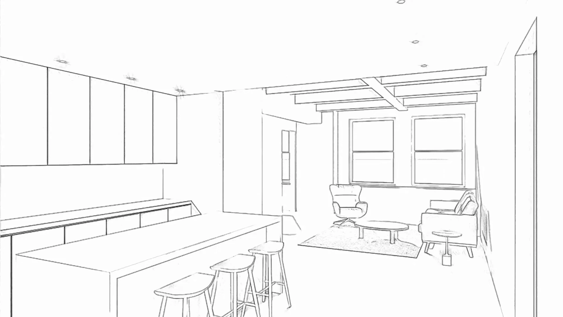 Line drawing of an open kitchen and living room