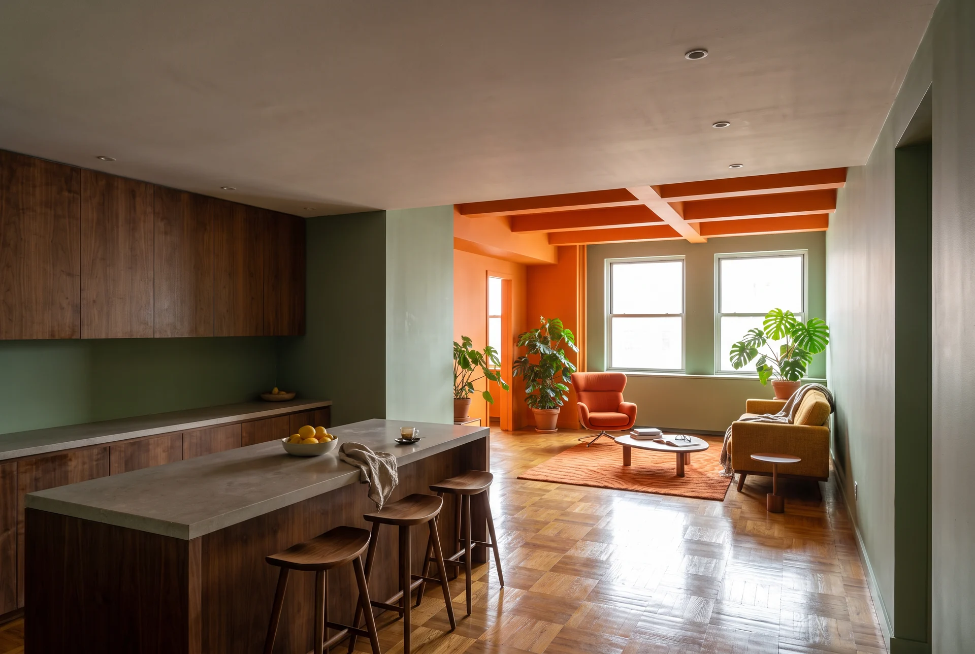 The same room with an orange and mint reference