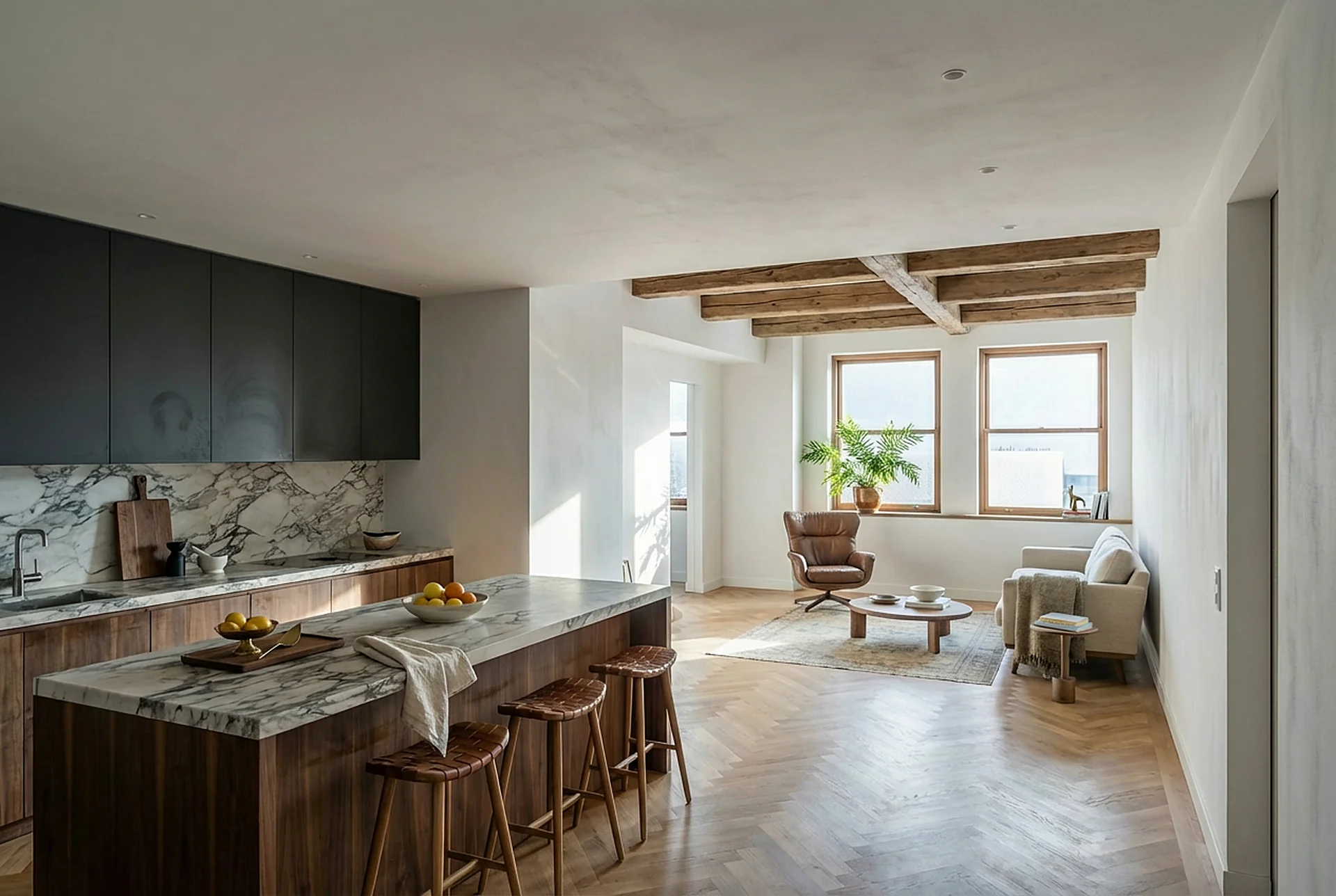 The same room with a dark, marble and walnut reference