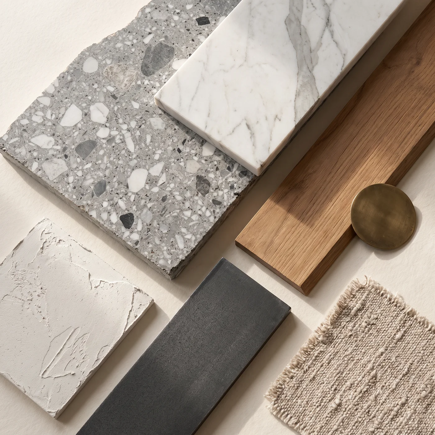 A moodboard: terrazzo, marble, oak, plaster, blackened metal, linen and brass