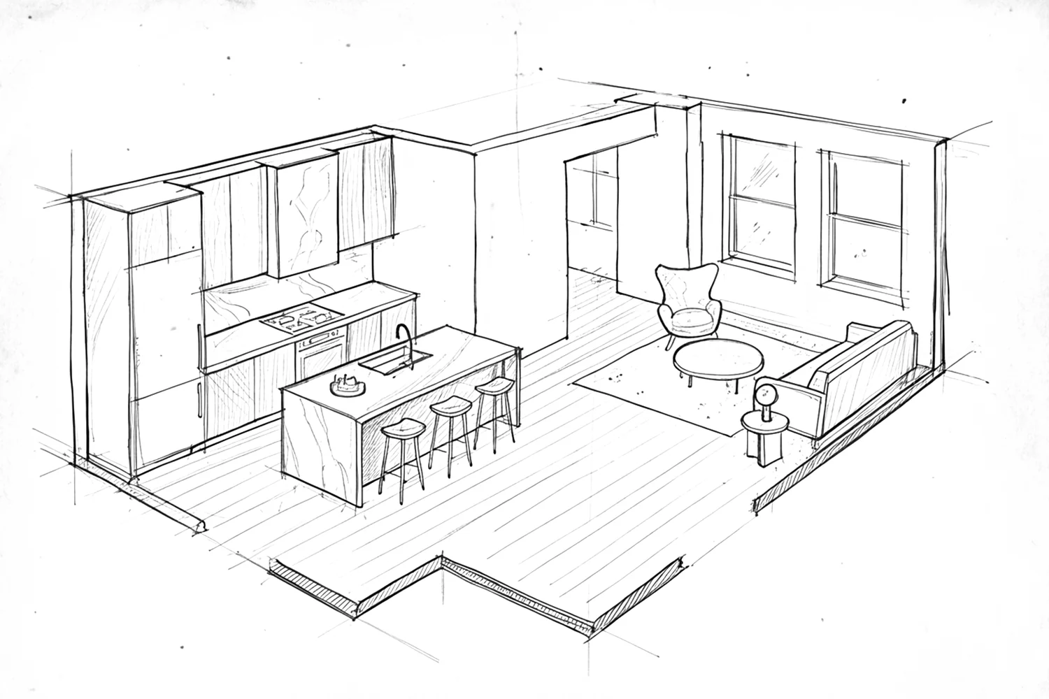 The room as an ink sketch in axonometric view