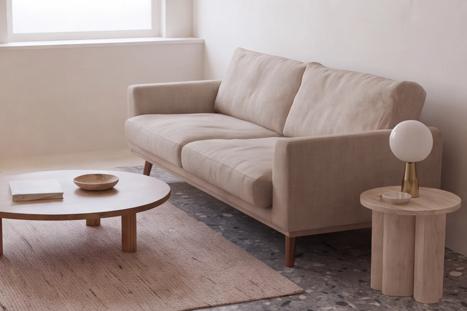 The living area: sofa, low table and side table on the terrazzo floor